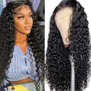 20” Natural Black Water Wave Human Hair 4x4 Lace Closure Wig 150% #QB3
